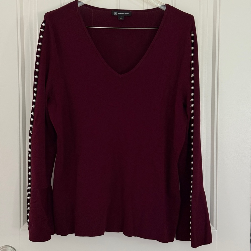 INC International Concepts burgundy Long Sleeve Fitted Embellished Blouse